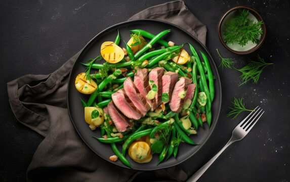 Grilled meat salad with green beans created with Generative AI technology