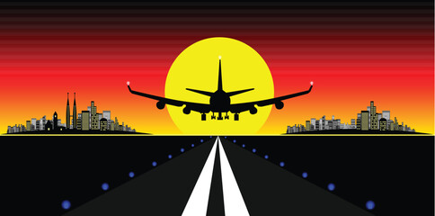 Vector - Brightly lit modern city with plane landing on a runway at sunset.