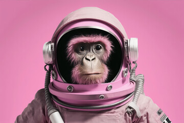 Close up image of a chimpanzee in a spacesuit with copy space. Minimalist style portrait of a cute chimpanzee in an astronaut's helmet over pink background. Generative AI