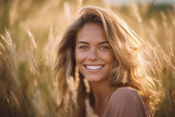 Fototapeta premium portrait of a woman in the field, beautiful smile