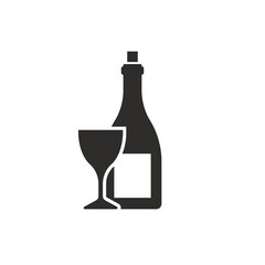 wine bottle with glass icon, flat vector illustration on a white background