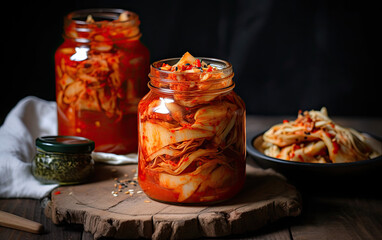Korean kimchi in glass jar created with Generative AI technology - obrazy, fototapety, plakaty