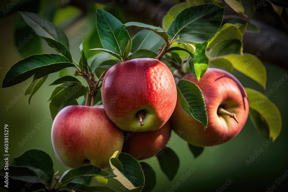 Poster apples hanging from a tree branch. generative ai