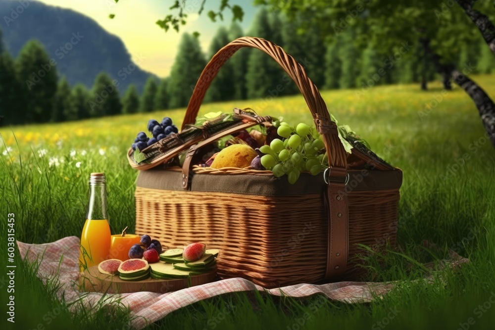 Poster relaxing picnic in a green field with a basket of fruits and a bottle of juice. generative ai