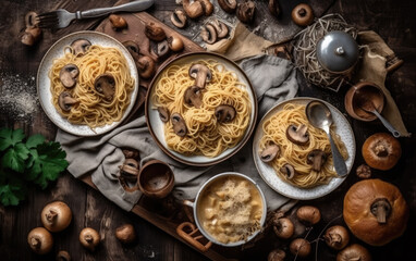 Obraz na płótnie Canvas Mushroom spaghetti pasta and white cream sauce top viewcreated with Generative AI technology