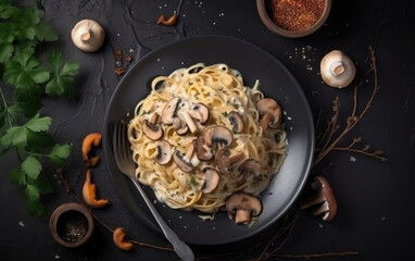 Mushroom spaghetti pasta and white cream sauce top viewcreated with Generative AI technology