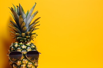 Pineapple in sunglasses on yellow background with copy space. Generative AI.