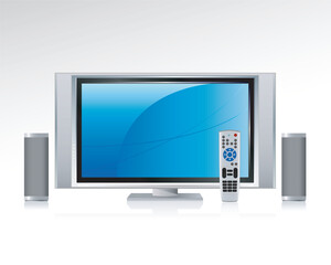 Home Theater Components: Television, Remote Control and Speakers with reflection. All components on separate layer--grouped so you can use them independently.