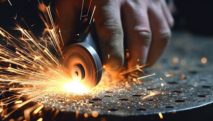 hand of a man sawing metal with an angle grinder - obrazy, fototapety, plakaty