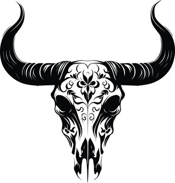 Bull, buffalo, ox, bison skull tattoo design tribal vector art, black and white vector. illustration isolated on white background Modern line art for cowboy and Western logos