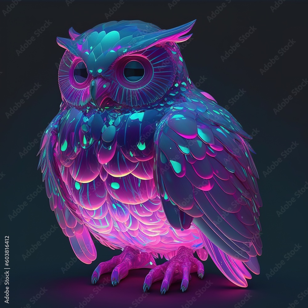 Poster crystal owl wings spread open multi color style generative ai
