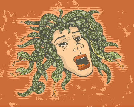 Head of Medusa, a Greek mythology gorgon killed by Perseus.  The vector version is a fully editable EPS 8 file, compressed in a zip file. No gradients or transparencies. Can be scaled to any size with