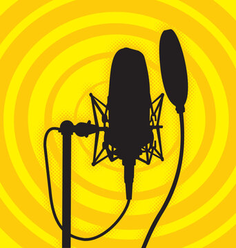 Silhouette of a studio microphone on deep yellow background.  The vector version is a fully editable EPS 8 file, compressed in a zip file. No gradients or transparencies. Can be scaled to any size wit
