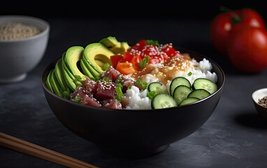 Poke bowl with smoked salmon rice avocado cucumber vegetables and cream created with Generative AI technology