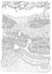 Vector fantasy landscape, fairy tale small town on the river bank, angels and demons in the sky. Adults Coloring Book page 