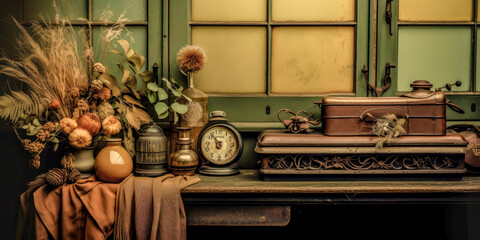 Vintage Wallpaper Banner with some Utensils in the Style of Meticulous Photorealistic Still Life Jumble of Objects Generative AI Background Digital Art