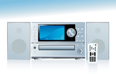 Generic compact stereo system with speakers and remote control; with reflection. Easy-edit layered file.