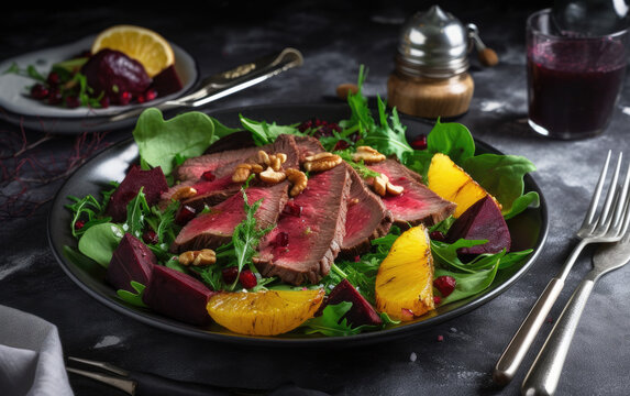 Salad with roast beef and vegetable created with Generative AI technology