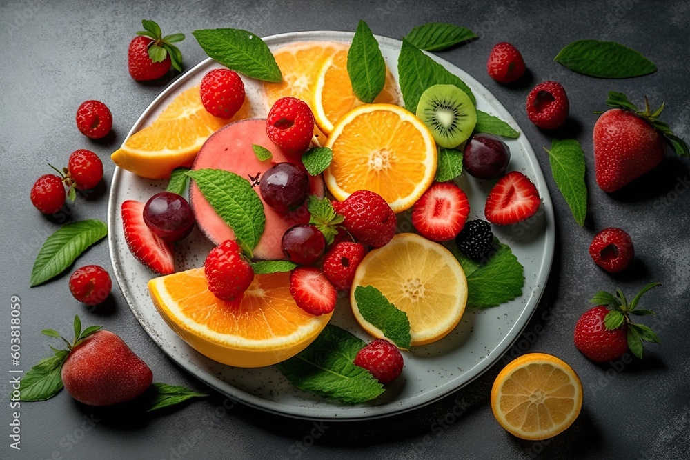 Wall mural colorful fruit platter on a white plate. Generative AI