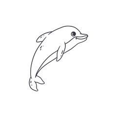 Hand drawn cartoon dolphin in doodle style isolated on white background. Sketch. Coloring. Vector illustration 