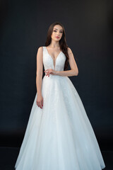 Fototapeta na wymiar Beautiful bride in wedding dress on black background