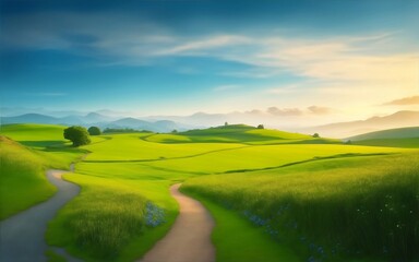 Obraz premium Picturesque winding path through a green grass field in hilly area in morning at dawn against blue sky with clouds. Natural panoramic spring summer landscape.