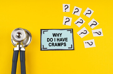 On a yellow background, a stethoscope, question marks and a sticker with the inscription - Why do i have cramps