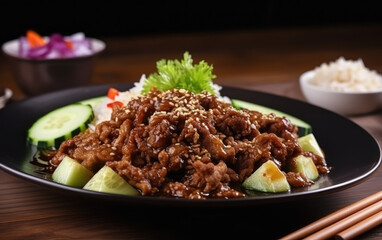 Fototapeta premium stir fried beef with hot chili and onion created with Generative AI technology