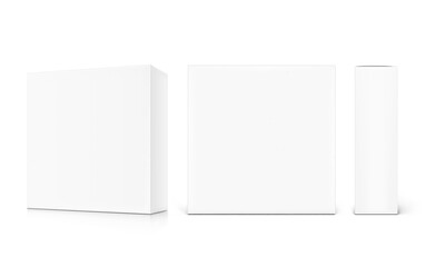 Rectangle cardboard box mockup set. Front, side and half side views. Vector illustration isolated on white background. Can be use for food, cosmetic, software and etc. Ready for your design. EPS10.	