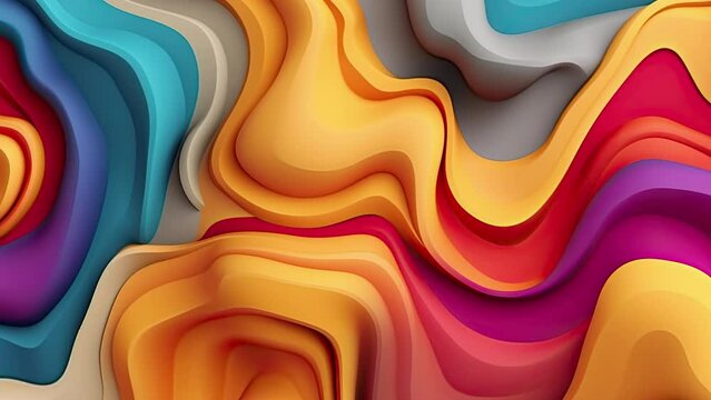 Abstract colored liquid motion video background, layered forms, wave paper cut, multi-layered color fields, multilayered folding graphics, sculptural fluid with slow movement effect