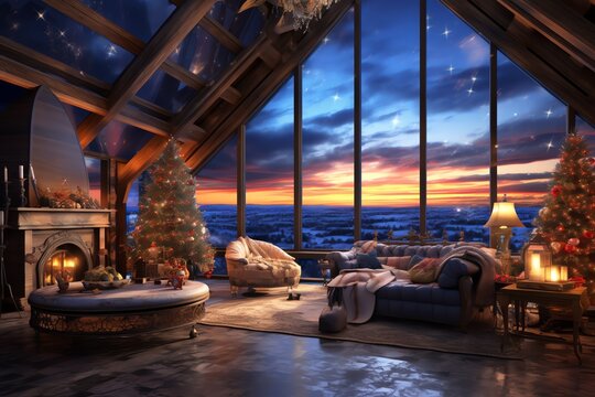 luxury room with Christmas tree and winter night view