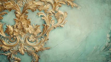 Fototapeta na wymiar old chipped paint background, light aqua and gold ornate scrollwork, vintage paper, rococo frame, antique floral details, victorian card. Generative AI