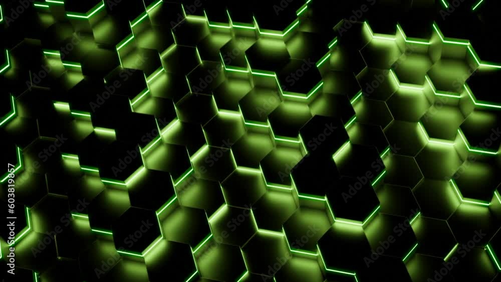 Poster neon hexagons move in waves on in dark. design. hexagons moving in waves with fluorescent illuminati
