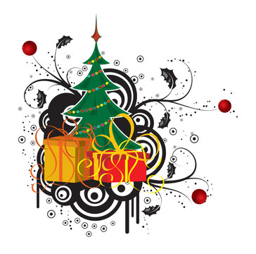 Abstract christmas background with christmas tree and gift, element for design, vector illustration