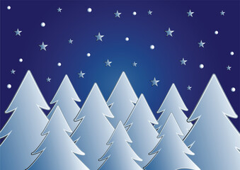 Stylized Christmas background. Trees stars and snow flakes in blue tones.