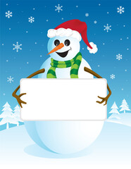 vector illustration of a snowman with blank board for text