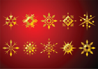 Fototapeta na wymiar Different golden snow crystals over red background