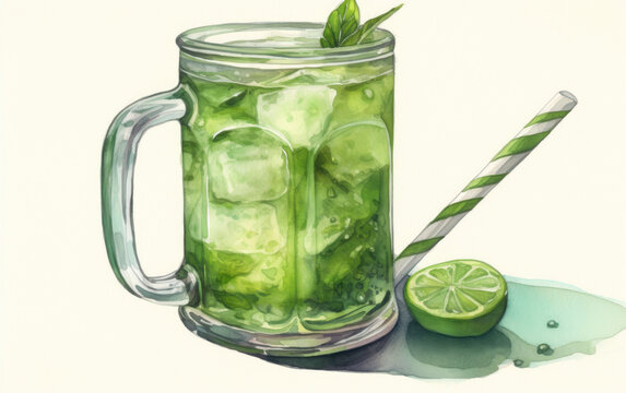 watercolor of green matcha iced tea created with Generative AI technology