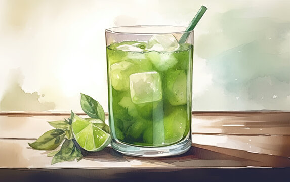 watercolor of green matcha iced tea created with Generative AI technology