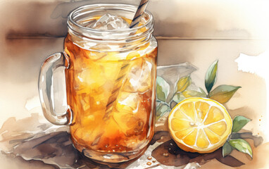 watercolor of lemon iced tea created with Generative AI technology