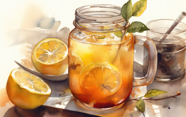 watercolor of lemon iced tea created with Generative AI technology