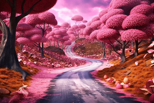 Beautiful landscape of a winding road in a fairy pink forest. Generative AI