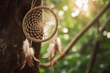 Dream catcher with feathers hanging on a tree during daylight in nature, generative AI