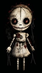 Creepy and dark illustration of a girl voodoo doll in a black background, generative AI 