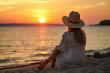 Blonde haired girl with a white dress and a straw hat sitting peacefully at the beach and watching sunset, generative AI