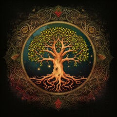 Illustration of a tree with roots with ornate pattern border around it, generative, AI