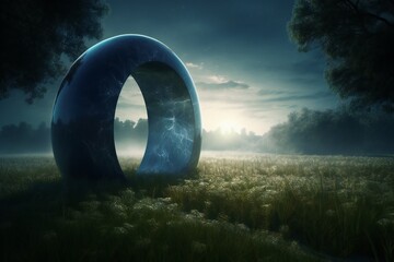 Round strange alien object in a green field, generative AI