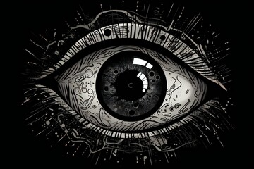 Stylized black and white illustration of an eye with abstract pattern in black background, generative AI