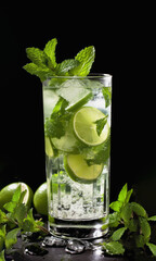 cold glass of Mojito beverage on black background created with Generative AI technology