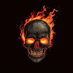Illustration of smiling skull on fire in a dark background, generative AI